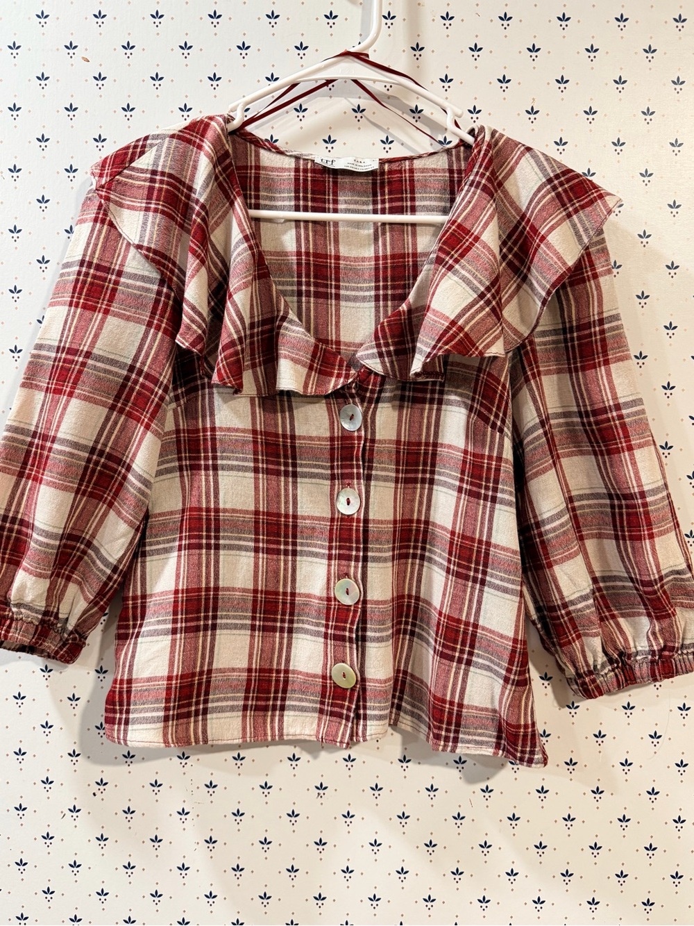 Zara TRF Red Plaid Ruffle Statement Collar Button Up Blouse Top XS